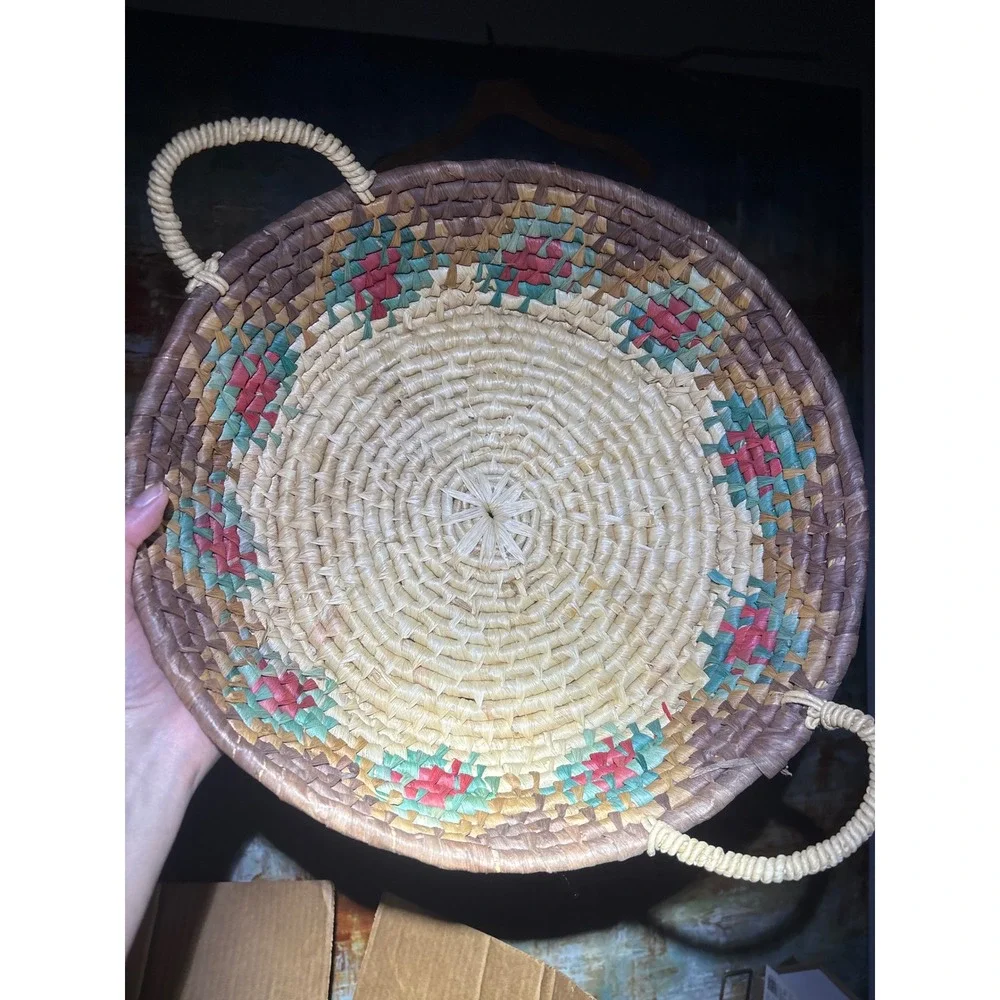 Vintage Handwoven Round Raffia Basket Tray Floral Geometric Pattern with Handles